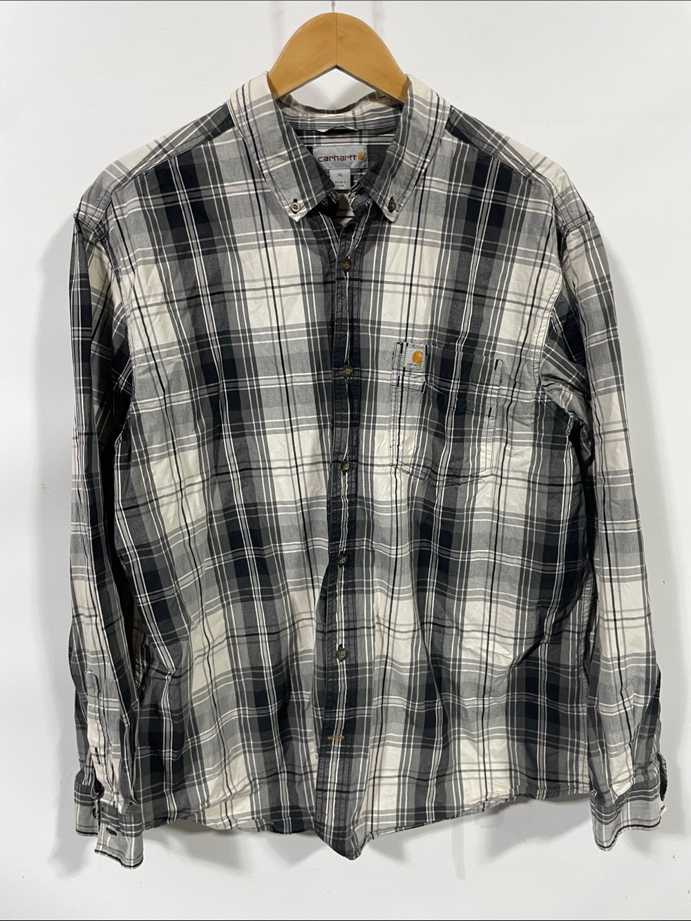 Carhartt Men’s Black and White Plaid Button-Down Shirt